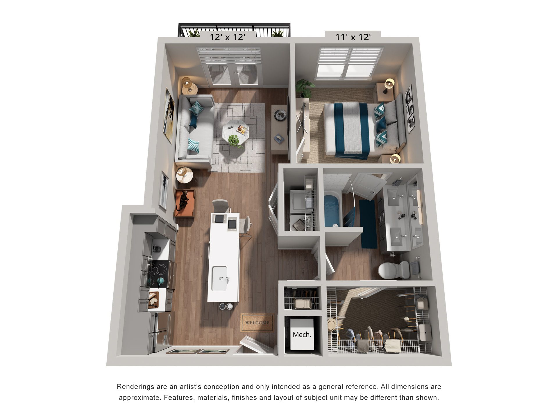 Floor plan for 1 bed, 1 bath, 685 sqft